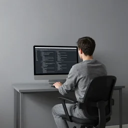 a programmer sitting in front of a grey computer screen, with grey walls, grey clothes, and a grey light.