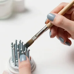 a hand with painted fingernails holding a paintbrush painting a bunch of steel nails