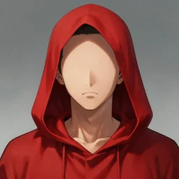 a man with a red hood and no eyes, hyper-detailed digital art by kentaro miura