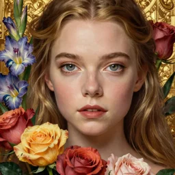 beautiful portrait of Anya Taylor-Joy, beautiful eyes, colourful roses and gladioli, close-up, face in focus, golden ratio, intricate oil painting by John William Godward and Anna Dittman, Neo-Gothic, Neoclassical, Neo-Gothic,