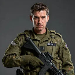 mr. rogers in military gear looking tough and threatening, intricate, hyper detailed, accent lighting, dramatic light, 4 k octane render
