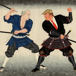 samurai joe biden dueling with ronin donald trump in the style of hiroshige, japanese woodblock, classical japanese art, traditional japanese art, highly detailed, beautiful colors, award winning, dark, gritty, ink and watercolor