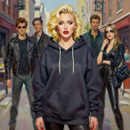 ( hunter schafer ) in the style of martine johanna and greg rutkowski, wearing hoodie, madonna scene, township! street fashion!,! haute couture!, full figure painting by john berkey, david choe, ismail inceoglu, gorgeous features, detailed impasto brushwork
