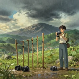 post design craig mullins and ghibli digital illustration of joss sticks, cameras, mountains, summer, rainstorms unreal engine, hyper realism, realistic shading, cinematic composition, realistic render, octane render, detailed textures, photorealistic, wide shot