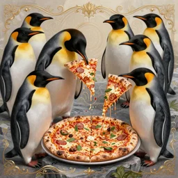 the rock eating pizza with penguins, cinematic, insanely detailed and intricate, hypermaximalist, elegant, ornate, hyper realistic, super detailed