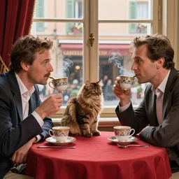 mcgregor and jean rochefort are having a coffee. they are on nice conversation. a brown furry cat sits at the middle of the table. strong colours. nice atmosphere. 2 0 th century paris is seen on window. tobacco smoke. antique coffee cups.