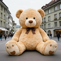 huge teddybear sitting on the streets of zurich. professional photography. 8 k. sharp focus. wide angle 2 4 mm.