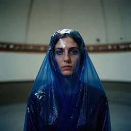 closeup portrait of a woman wrapped in dark blue cellophane, standing in an empty planetarium, color photograph, by paula rego, canon eos c 3 0 0, ƒ 1. 8, 3 5 mm, 8 k, medium - format print