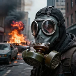 post - apocalyptic city streets, close - up shot of an anarchist with a gasmask, burning cars, explosions, colorful smoke, hyperrealistic, gritty, damaged, dark, urban photography, photorealistic, high details