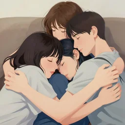 painting of three young people cuddling in the sofa, romantic, group hug, polyamory, highly detailed, close - up, smooth, stylized, vector line art, clean cel shaded vector art, by lois van baarle, ross tron, artgerm, helen huang, makoto shinkai, ilya kuvshinov, rossdraws