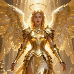a portrait of a beautiful female angel wearing a golden armor with ornaments by nekro, shining light, golden hora, concept art, fantasy