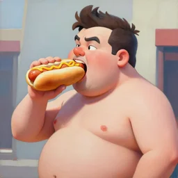greg manchess portrait painting ofchubby man eating a hot dog overwatch character, medium shot, asymmetrical, profile picture, organic painting, sunny day, matte painting, bold shapes, hard edges, street art, trending on artstation, by huang guangjian and gil elvgren and sachin teng