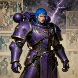 composition of gothic and futuristic young mainem, warhammer, cyber armor, scars, thunderstorm, blue head, purple, the middle ages, highly detailed, artstation, in the style of moebius, jugendstil and classic japanese print, art by carl spitzweg