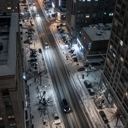 a city street at night, snowing, photograph, cyberpunk, sharp focus, intricate detail, drone shot, high resolution, 8k, neon streetlights, wires hanging down everywhere, Japan, colourful, Shrine in centre,