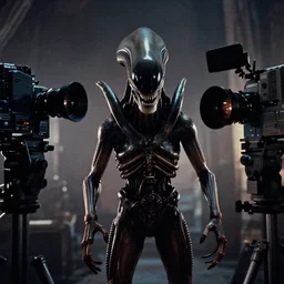 a wide angle movie still from alien ( 1 9 7 9 ) by ridley scott showing an alien xenomorph from the alien movie looking at camera | sci - fi and supernatural horror | uneasy and uncanny atmosphere | shot on celluloid with panavision cameras | panavision lenses | 3 5 mm film negative width | anamorphic projection format | critically acclaimed | oscar winning practical effects