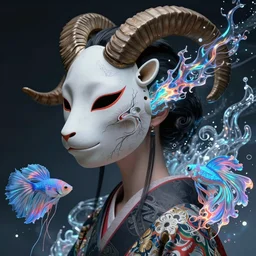 3 d goddess close - up profile solarpunk portrait ram skull. by rembrandt, beautiful intricately detailed japanese crow kitsune mask and clasical japanese kimono. betta fish, jellyfish phoenix, fractal flame, holographic, bio luminescent, plasma, ice, water, wind, creature, artwork by tooth wu and wlop and beeple and greg rutkowski