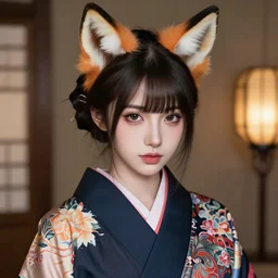 A beautiful woman with fox ears in a kimono || yakuza, tattoos, cute-fine-face, pretty face, realistic shaded Perfect face, fine details. Anime. realistic shaded lighting poster by Artgerm and Sakimichan