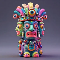 photo of an opalescent claymodel of a multicolored steampunk tiki with three faces, wearing a aztec helmet with multicolored irisdiscent tubes and shiny metallic devices, 3 d render, crisp, trippy, 8 k, fluorescent colors, insanely integrate