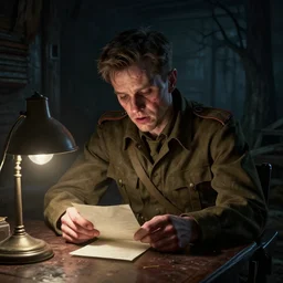real life full portrait art by beksinski, artgerm, rutkowski ; matt damon as an american world war 2 sergeant delirious while writing letter creepy table lamp, all alone at night, haunted cabin, year 1 9 4 2, scary, horror, 3 d unreal engine octane render, 8 k resolution, cinematic dramatic lighting, extremely detailed, sharp focus