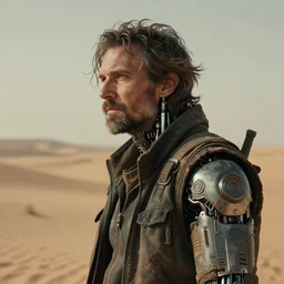 a scruffy middle aged engineer man with cybernetic enhancements lost in the desert, funky mid length hair, scifi character portrait by greg rutkowski, esuthio, craig mullins, short beard, green eyes, 1 / 4 headshot, cinematic lighting, dystopian scifi gear, gloomy, profile picture, mechanical, half robot, implants, dieselpunk