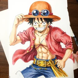 A highly detailed drawing of luffy by kentaro miura