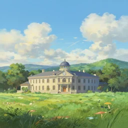a beautiful painting of a building in a serene landscape, epic composition, rendered in arnold, by thomas kinkade, raphael lacoste, makoto shinkai, expansive view, rule of thirds golden ratio clean, light effect, 8 k, maya renderer, unreal engine