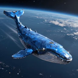 Spaceship called the Decima made of Phthalo blue adamantite hull, flying in space, whale shaped, 4k