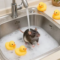 photo of Rats bathing in a kitchen sink, with foam and rubber ducks. From 2 meters away.