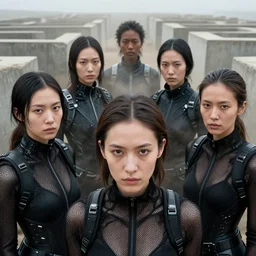 cinestill 5 0 d photographic portrait by helen levitt of a group of diverse android women wearing rugged black mesh techwear in a cement maze, extreme closeup, modern cyberpunk, dust storm, 8 k, hd, high resolution, 3 5 mm, f / 3 2, ultra realistic faces, intricate detail, ex machina