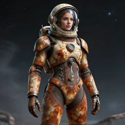 beautiful hourglass feminine rusted cyborg in full body skin space suit, friendly helmet, concept art, joshua rife, photoshoot, intricate, highlydetailed, space background, artstation 4 k raytracing, shadows, highlights, illumination
