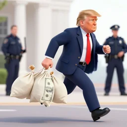 donald trump holding bags of money, running from the police