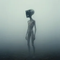 long subtle alien with speaker instead of head, lost in the fog, by simon stalenhag, beeple and katia chausheva