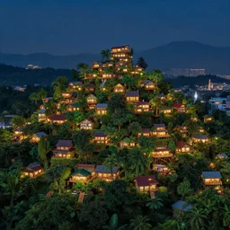 professional photo of a tree top town similar to level of donkey kong country, by discovery magazine, night time with lights inside houses, real life, photorealistic, soft focus, long exposure