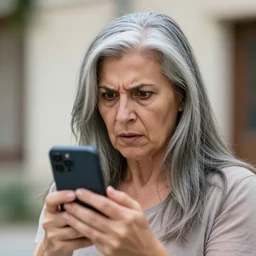 astonished and angry middle aged lady looking at smartphone, uncombed hair, greek ethnicity, persian face structure, straight grey hair, angry eyes, photo, realistic, outdoor lighting, 4 k, 8 k, hd, 3 9 mm lens