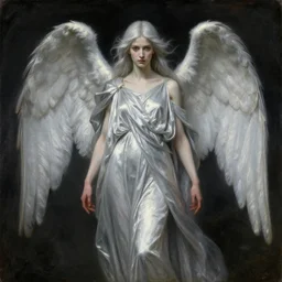 say who is this with silver hair so pale and wan! and thin!? female angel, wearing long silver robes, flowing hair, pale fair skin, you g face, silver hair, covered!!, clothed!! lucien levy - dhurmer, jean deville, oil on canvas, 1 8 9 6, 4 k resolution, aesthetic!, mystery