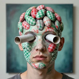 a self portrait photograph by the artist kelbv, in distinct hyper detailed style with tubes coming from eyes, and hollowed out head filled with red and green gingham ellipsoids, perfect studio lighting against a backdrop of a still from the movie squid asthma.