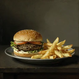 hamburger and french fried in still life. dutch masters, 1 8 th century, oil on canvas