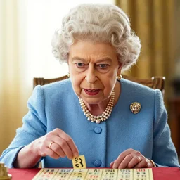 an ultra realistic, headshot portrait, of queen elizabeth, playing bingo, cinematic, beautiful lighting by annie leibovitz