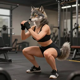 female anthropomorphic wolf character wearing a black sportsbra and spandex shorts doing a squat at the gym. Renowned character illustration by greg rutkowski, thomas kindkade, alphonse mucha, loish, norman rockwell. Trending on artstation 4k. Highly detailed. Digital art.