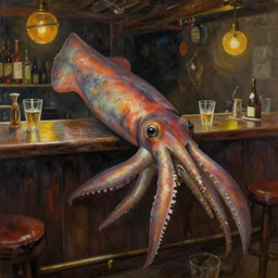 high quality high detail painting by ilya repin, giant squid in a bar, hd