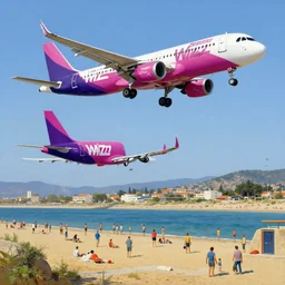 wizzair airbus a 3 2 1 neo landing at skiathos airport, low over the heads of the people on the beach, highly detailed painting by norman rockwell, 8 k