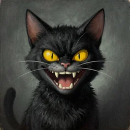 grinning evil cat, HD, in style of beksinski, film grain, medium format, 8k resolution, oil on canvas