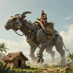 an concept art illustration, bushman tribal man riding on a large floating mechanical animal biome, megafauna, coconut hut shack, daytime, natural light, cinematic, fantasy, style by wlop, trending in artstation, cgsociety, octane render, ultra sharp, unreal engine, 8 k
