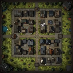 top down map of city block, post - apocalyptic, style of darkwood game