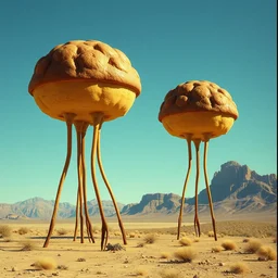 giant floating alien muffins with big long legs. scorsese, wes anderson, kodachrome, fred herzog. epic view. cinestill film tones, by chesley bonestell, vincent di fate