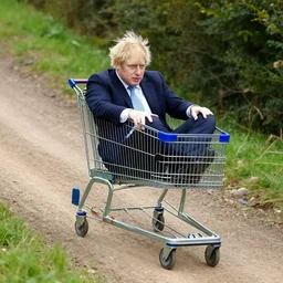 Boris Johnson sitting in a shopping cart rolling down a steep dirt ramp