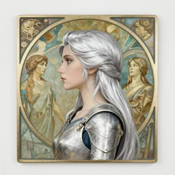 side profile centered portrait, silver haired girl warrior, by artgerm, cushart krenz, greg rutkowski, mucha. art nouveau. gloomhaven, swirly vibrant ripples, gaudy colors, sharp edges. ultra clear detailed. 8 k. elegant, intricate, octane render
