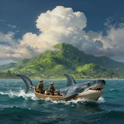 wide shot of amish in a tiny boat dragging a megalodon out of a wild sea, drawn by rembrandt, lush greens, giant clouds, volumetric lighting, 8 k, trending on artstation, dark blue sky, highly detailed, professional digital painting, stunning, gorgeous, epic, cinematic