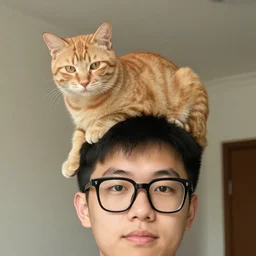young asian man wearing black framed glasses, a orange cat is sitting of his head