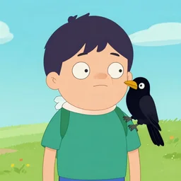 cartoon still, a small boy with dark hair, wearing farm clothes, he has a small crow on his shoulder, artstation, inspired by adventure time, by padleton ward